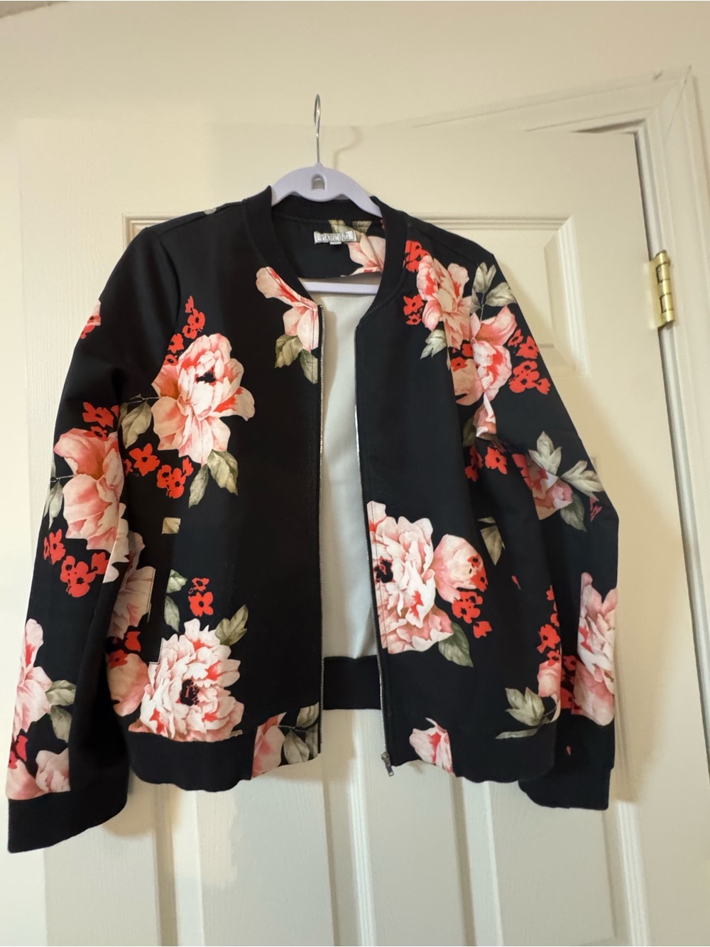 Darling Black Bomber Jacket with Pink Floral Print